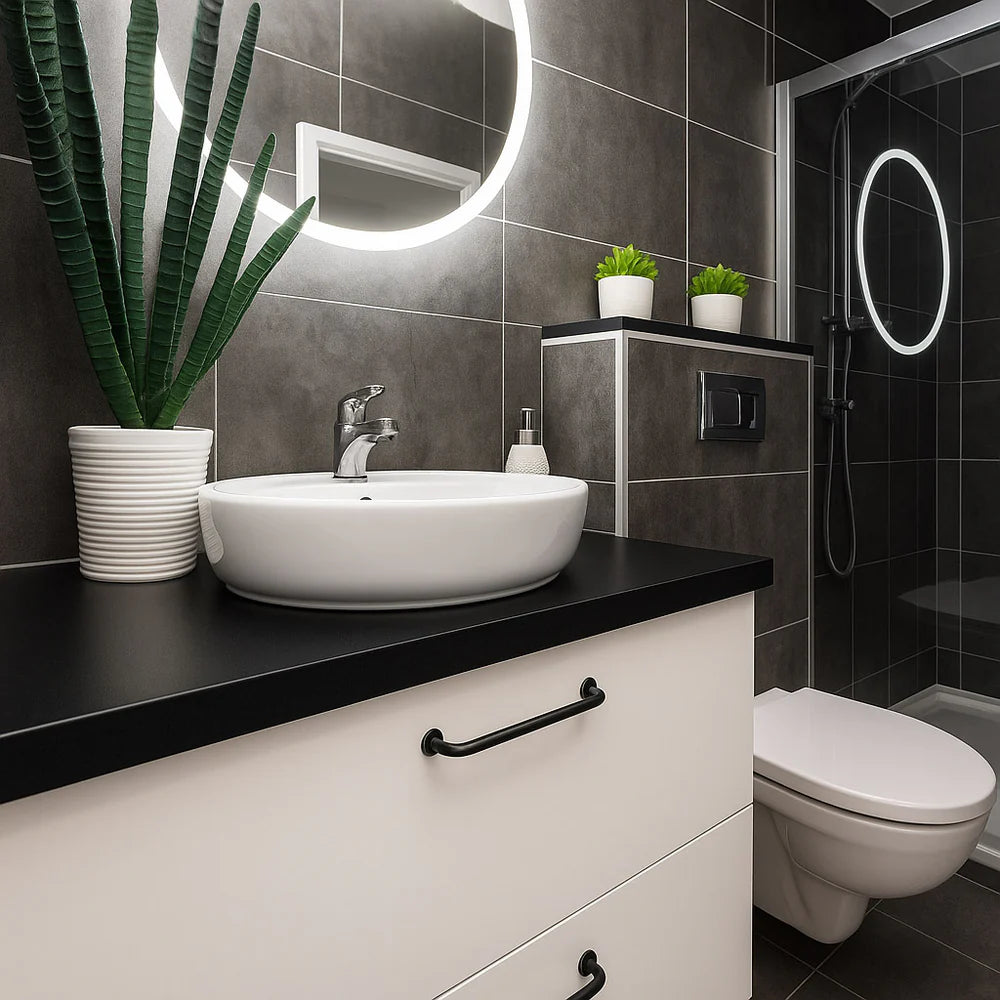 Badkamerinterieur met wastafel, toilet en douche in de Buitenkamer Kiefern