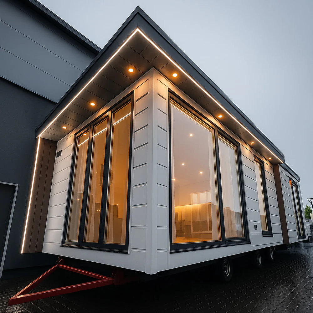 Buitenkamer Kiefern modulaire woning met gevelverlichting in de avond