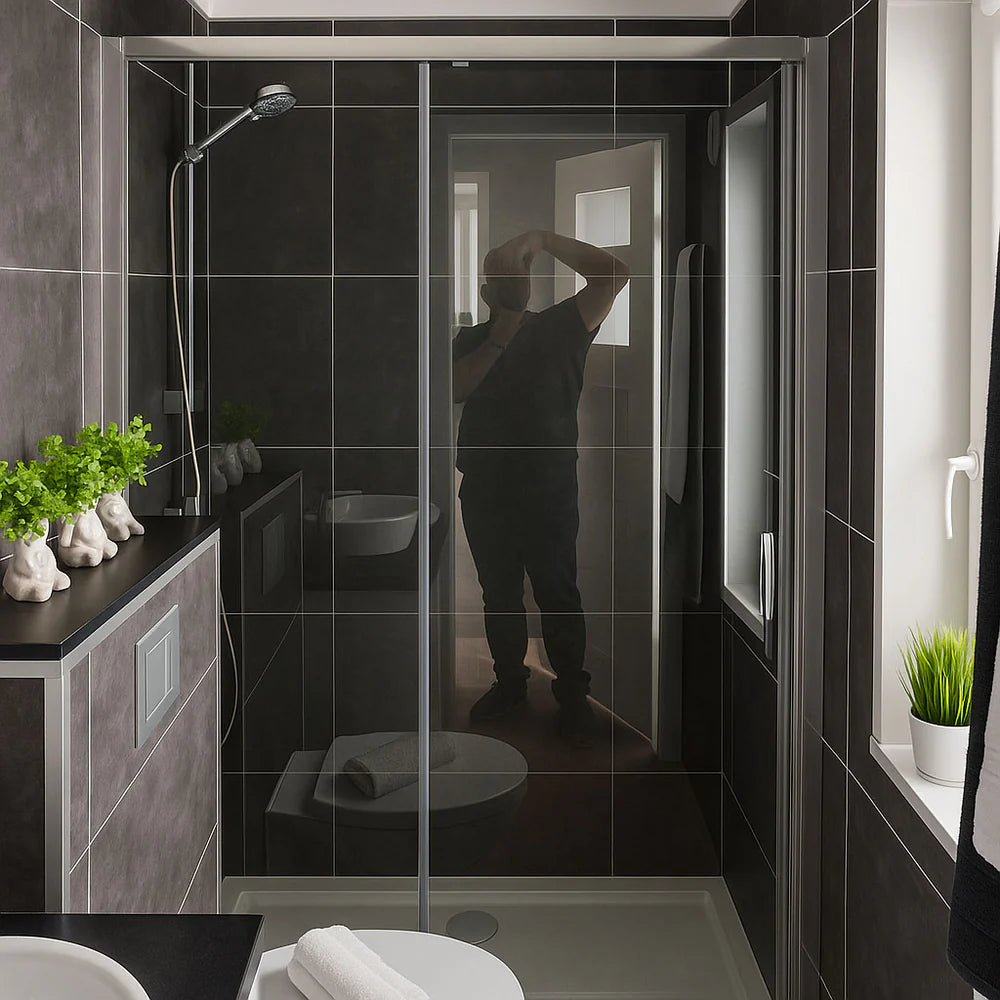 Badkamer met douchecabine in de Buitenkamer Kiefern modulaire woning