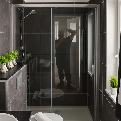 Badkamer met douchecabine in de Buitenkamer Kiefern modulaire woning