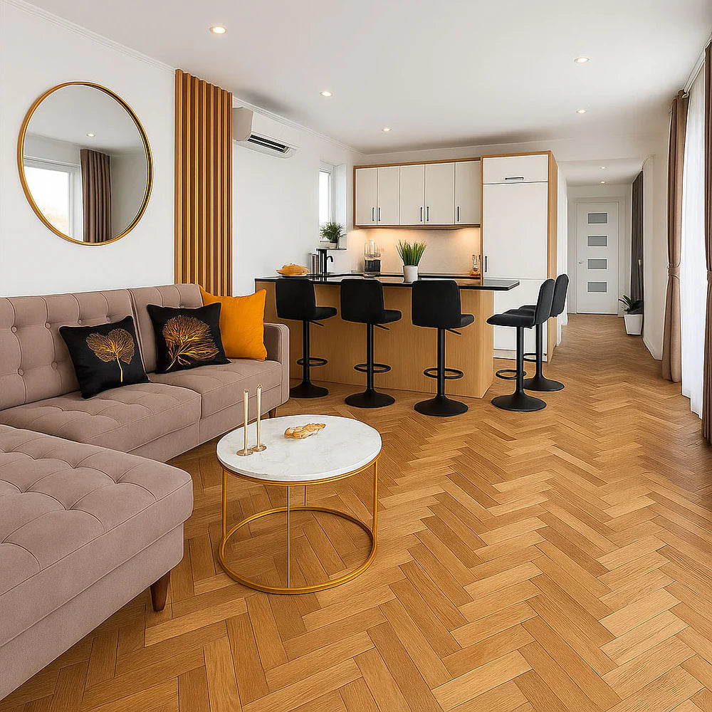 Woonkamer met open keuken in de Buitenkamer Kiefern modulaire woning