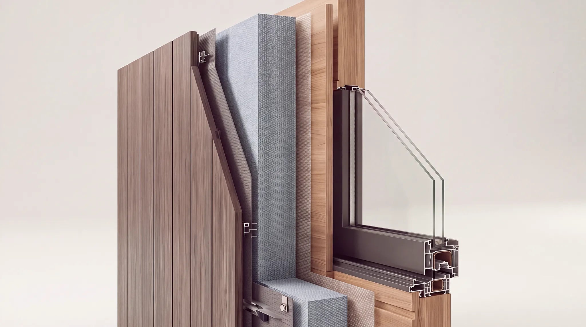 Conceptuele doorsnede van de Buitenkamer-wandopbouw met aluminium kozijn en HR++-glas
