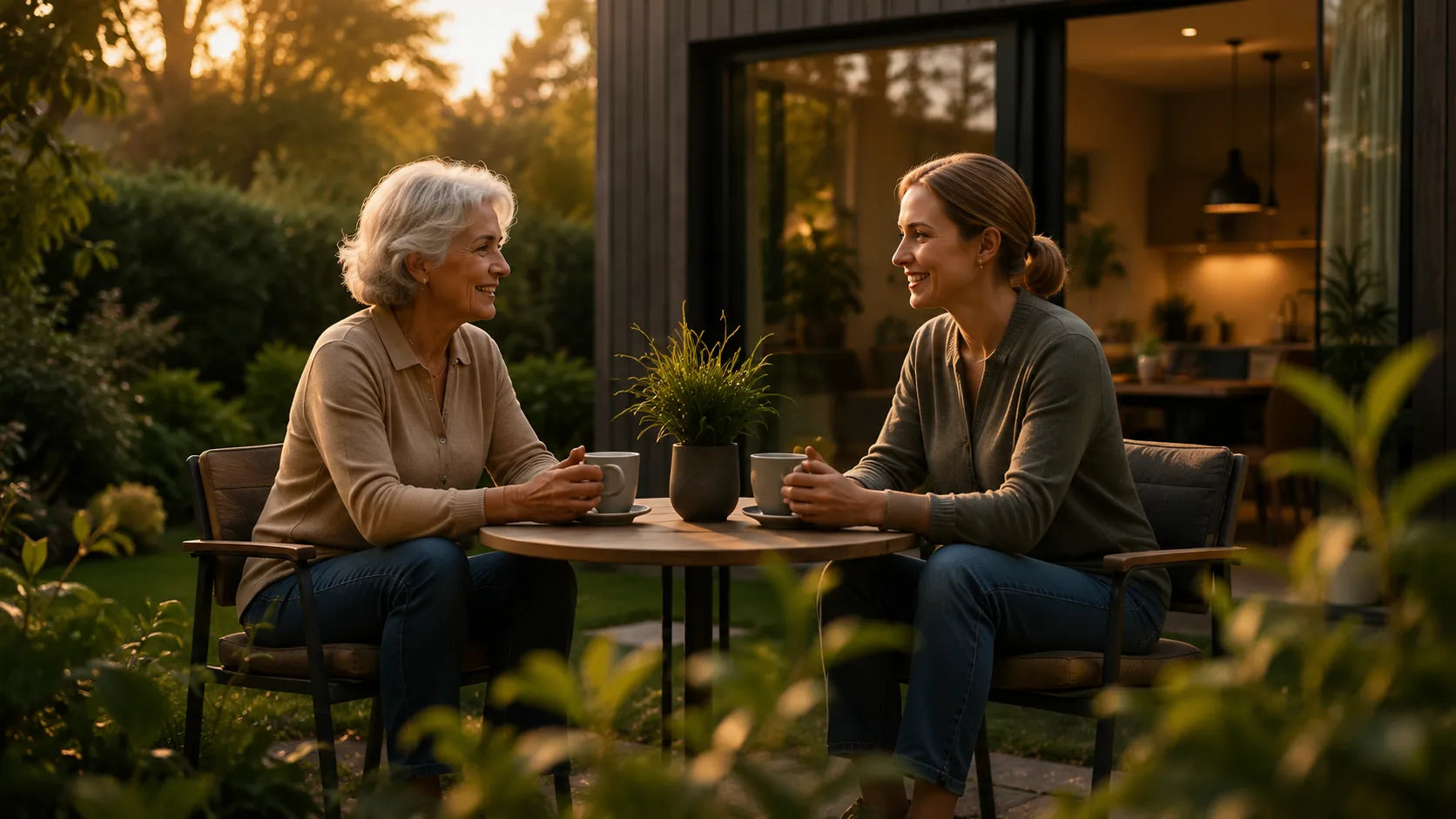 Moeder en volwassen dochter bij een familiewoning op eigen erf